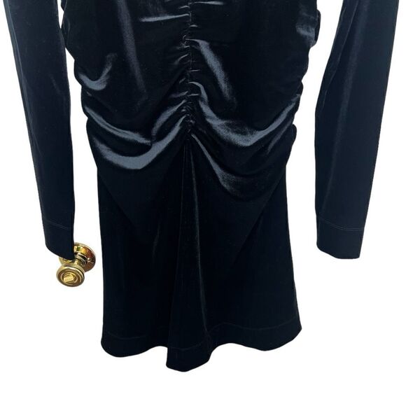 GANNI Black Long Sleeve U-Neckline Velvet Jersey Ruched Mini Dress Size US 6 - Picture 5 of 14